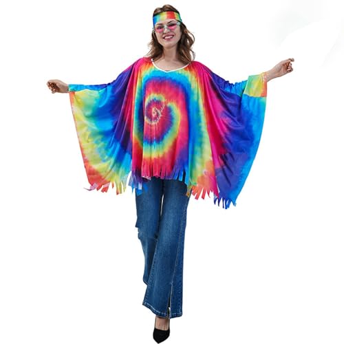 ausgefallene kostüme damen, Hippie Kostüm Damen Set, Boho Poncho Mit Hippie Accessoires, Damen Hippie Faschingskostüme, Flower Power Kleidung Damen, 70er Mode Disco Outfit, Hippie Kleidung Damen von EQWIGKEIT