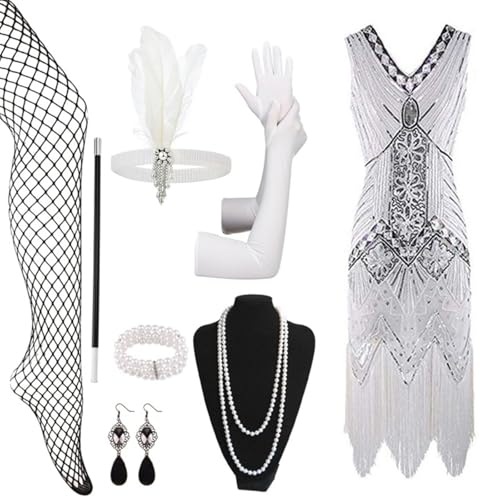 kleid silvester damen, 1920er Kostüm Kleider Set Mafia Kostüm Silvester Outfit Charleston Kleid Mit 20er Accessoires Set Vintage Karneval Kostüm Flapper Kleid Mit Pailletten Faschingskostüme von EQWIGKEIT