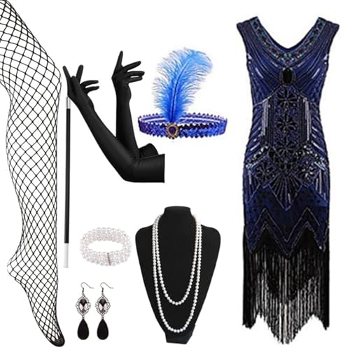 pailettenkleider für damen, Kostüm 20er Jahre Damen Flapper Kleid Mit Pailletten Vintage Karneval Kostüm Charleston Kleid Mit 20er Accessoires Set Silvester Outfit Mafia Kostüm Faschingskostüme von EQWIGKEIT