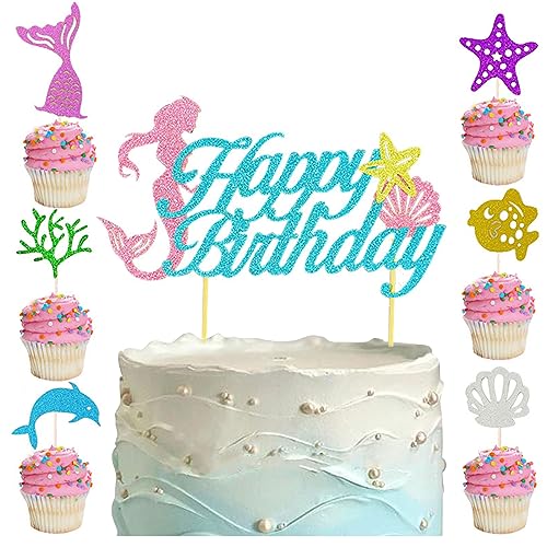 7 Stück Meerjungfrau Tortendeko Geburtstag Mädchen, Muffin Deko Cupcake Toppers, Ocean Theme Topper, Glitzer Meerjungfrau Torten Deko, für Mädchen Party Geburtstag Party Kuchen Dekoration Supplies von ERBO