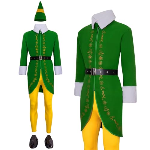 ERCAUX Buddy der Elf Kostüm für Erwachsene Herren, Halloween und Weihnachten Elf Kostüm Cosplay Komplettes Set für Elfenfans (XL) von ERCAUX