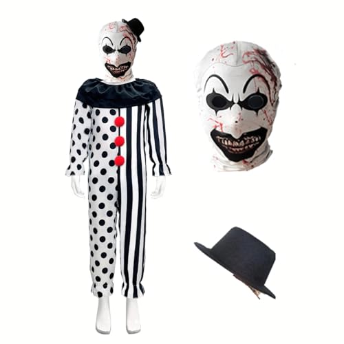 ERDBZCHU Jungen Clown Kostüm, Overall Schwarz und Weiß Halloween Kostüm, Scary Killer Rollenspiel Kostüm mit Maske und Hut für Kinder 110-150cm (110,Roter Ball Clown) von ERDBZCHU