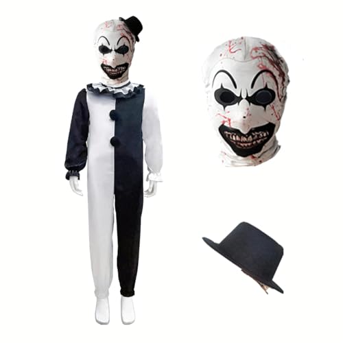 ERDBZCHU Jungen Clown Kostüm, Overall Schwarz und Weiß Halloween Kostüm, Scary Killer Rollenspiel Kostüm mit Maske und Hut für Kinder 110-150cm (110,Schwarzer Ball Clown) von ERDBZCHU