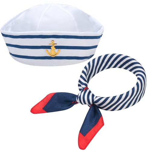 ERDOGLY Matrosenhut für Frauen Männer, Weißes Matrosen Kostüm Zubehör mit Marine Outfit Matrosenschal Set, Yacht Kapitän Hut Nautische Mütze für Kapitäne Dressing up Party von ERDOGLY