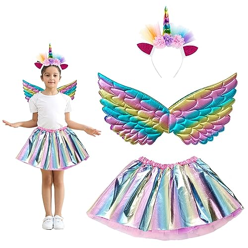 Mädchen Kostüm Tüllrock Fee Kostüm Mädchen Kleid Tüll Kostüm Set mit Buntenflügel und Haarreifen Tüllrock Kinder Mädchen Feen Kostüm Regenbogentutu für Halloween Party kostüm Kindergeburtstag (L) von ERFGT