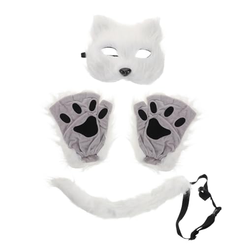 ERINGOGO 1 Satz Halloween-Maske tiermasken katzenmaske masken für karneval Maskenball Maske Masken für Festlichkeiten Katzenhandschuhe Kostüm Maskenstütze pelzige Maske Kunstpelz Weiß von ERINGOGO