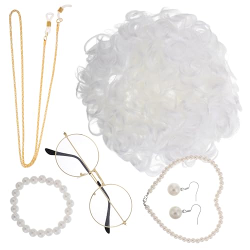 ERINGOGO 1 Set/7-Teiliges „100 Tage Schule“-Kostüm Für Alte Damen Für Kinder Mit Oma-Perücke Oma-Brille Mit Kette Kunstperlen-Halskette Armband Ohrringen Oma-Anziehzubehör von ERINGOGO