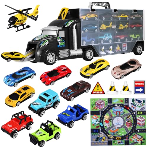 ERINGOGO LKW-Spielzeugset Großes Transportwagen-Trägerset LKW-Spielzeug Mit 12 Druckgussfahrzeugen LKW-Spielzeug Autos Hubschrauber Ideales Spielzeug Für Weihnachts- Und Ostergeschenke Für von ERINGOGO