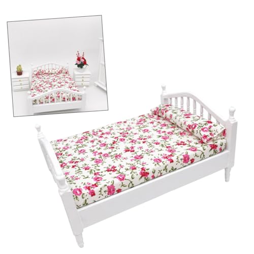 ERINGOGO Maßstab Doppelbett Mit Buntem Blumenmuster Für Kinderzimmer Spielzeugbett Für Miniatur Dollhouse Möbel von ERINGOGO