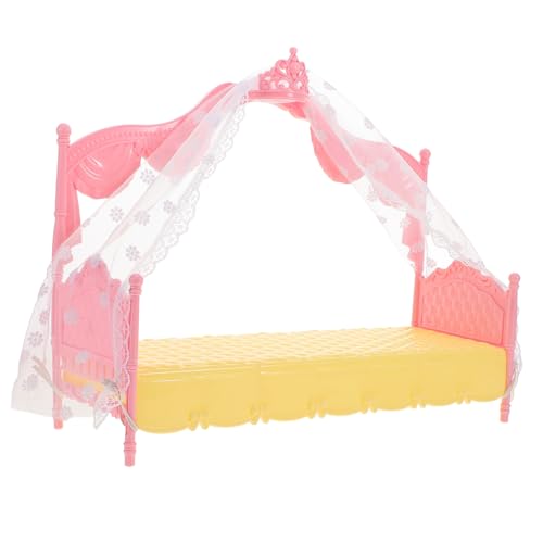 ERINGOGO Prinzessin Bett Mini-Puppenhaus-Bettmodell Minibett für Puppe Mini-Puppenhausmöbel Puppenhaus Zubehör Puppenbett mit Vorhang Mini-Puppenmöbel Miniaturmöbel Plastik Rosa von ERINGOGO