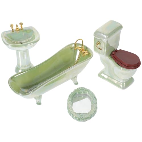 ERINGOGO Puppenhaus-Badezimmer-Set Im Maßstab 1:12: 5-Teiliges Badezimmer-Set Aus Grüner Keramik Toilettenbecken Badewanne Spiegel Modelle Puppenhaus-Möbel Dekorationsspielzeug Für Jungen von ERINGOGO