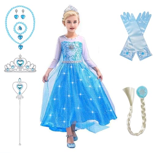 ERMWALR Mädchen Prinzessin Dress Up für Mädchen mit Krone Halskette Sets, Prinzessin Kleid Fancy Outfit Kostüm Langer Rock für Halloween Karneval Party Geburtstag Cosplay Festzug (4-5 Alter), Blau von ERMWALR