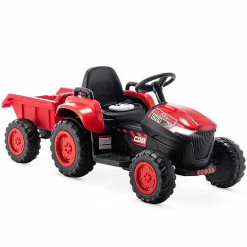 EROMMY 12V Elektrischer Traktor mit abnehmbarem Anhänger,3-Gang Kinder Aufsitztraktor mit Fernbedienung, Elektroauto für Kinder mit LED Lichtern, Musik, Hupe & USB,3-7KM/H,ab 3 Jahren (Rot) von EROMMY