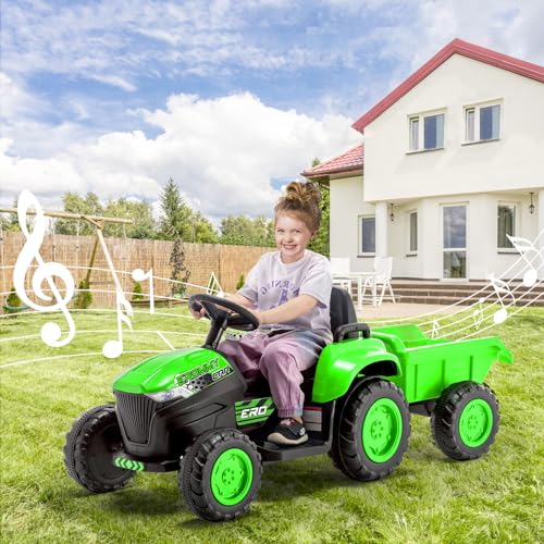 EROMMY Elektrischer Traktor mit abnehmbarem Anhänger,12V 3-Gang Kinder Aufsitztraktor mit Fernbedienung,Elektroauto für Kinder mit LED Lichtern, Musik, Hupe & USB,3-7KM/H,für Kinder ab 3 Jahren (Grün) von EROMMY