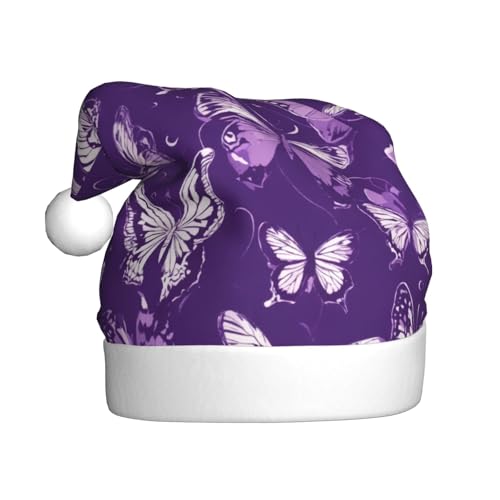 ERSDWRE Weihnachtsmütze mit violetten Schmetterlingen, Blumenmuster, Weihnachtsmannmütze, Erwachsene, Weihnachtsmütze für Neujahr, festliche Party, Kopfschmuck, Zubehör von ERSDWRE