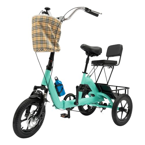 ERnonde 14-Zoll Faltbares Dreiräder Klappbares Trike für Jugendliche, Erwachsene, Senioren oder Menschen Cruiser Dreirad mit Vorne und Hinten Korb von ERnonde