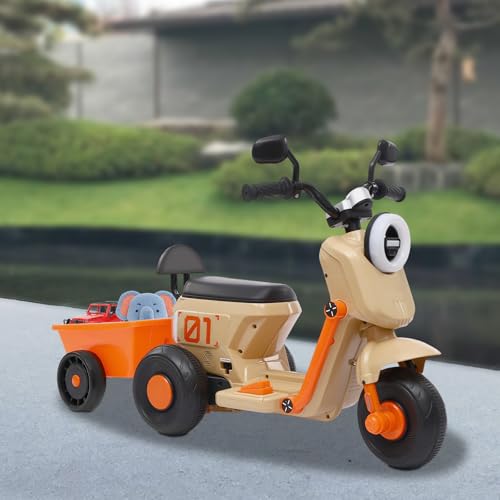 Kinder Motorrad Elektrisch, ERnonde Elektrofahrzeuge für Kinder im Alter von 2-6 Jahren, Elektro-Kinderfahrzeug aus PP, Kindermotorrad mit Erweiterte Korb, Bis von 50kg (Beige Orange) von ERnonde