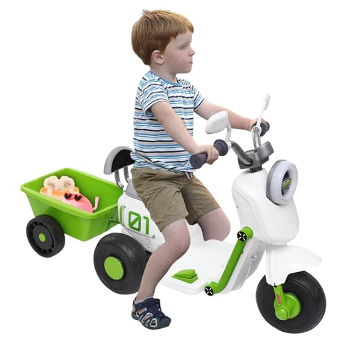 Kinder Motorrad Elektrisch, ERnonde Elektrofahrzeuge für Kinder im Alter von 2-6 Jahren, Elektro-Kinderfahrzeug aus PP, Kindermotorrad mit Erweiterte Korb, Bis von 50kg (Grün Weiß) von ERnonde