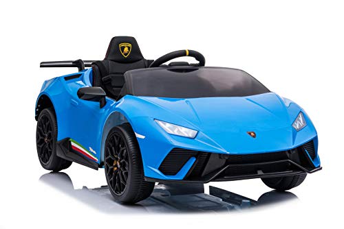 ES-TOYS Elektro Kinderauto Huracan - lizenziert - 12V Akku, 2 Motoren- 2,4Ghz Fernsteuerung, MP3, Ledersitz+Eva (Blau) von ES-TOYS