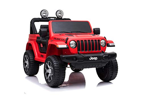 ES-TOYS Kinderfahrzeug - Elektro Auto Jeep Wrangler Rubicon - lizenziert - 4 Motoren + 12V10AH Akku + 2,4Ghz+Ledersitz+Eva+Doppelsitzer -Rot von ES-TOYS