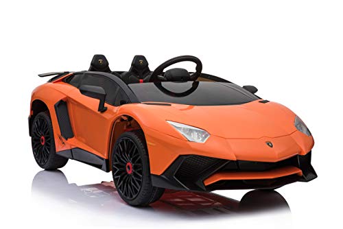 ES-TOYS Kinderfahrzeug - Elektro Auto Lamborghini Aventador SV - lizenziert - 12V7AH, 2 Motoren- 2,4Ghz Fernsteuerung, MP3, Ledersitz+Eva (Orange) von ES-TOYS