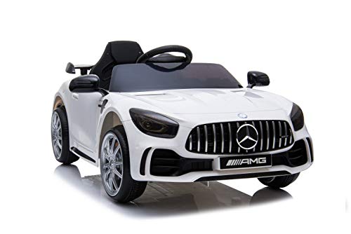 ES-TOYS Kinderfahrzeug - Elektro Auto Mercedes GT R - lizenziert - 12V4,5AH, 2 Motoren- 2,4Ghz Fernsteuerung, MP3, Ledersitz+Eva (Weiss) von ES-TOYS