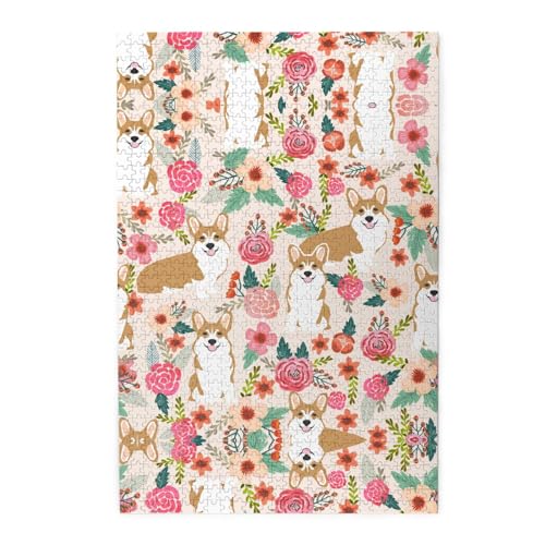 Corgi Floral Flowers Spring Garden Print Premium Wooden Jigsaw Puzzle - 1000 Pieces - Plastic Box Packaging von ESASAM