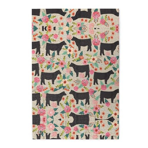 Pink Flower Show Steer Cows Cattle Print Premium Wooden Jigsaw Puzzle - 1000 Pieces - Plastic Box Packaging von ESASAM