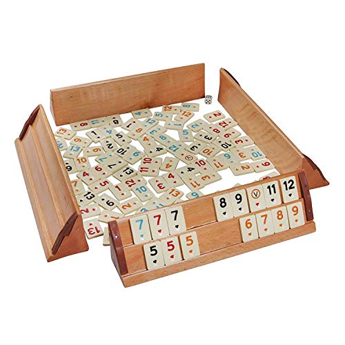 Holz Rummy Set mit 4 Halterungen von ESER, Türkisches Rommé (Okey Oyunu), Gesellschafts- und Familienspiel, Frontplatten und Spielsteinen für maximal 4 Personen, Aufstellbretter für Rummy von ESER