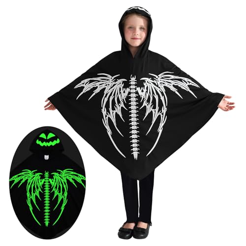 ESHOO Halloween-Skelettumhang für Kinder, Kleinkinder, im Dunkeln leuchtender Kapuzenumhang, Halloween-Flügel, Poncho, Umhang, Cosplay, Rollenspiele von ESHOO