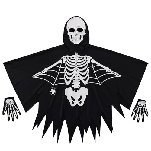 ESHOO Halloween-Skelettumhang für Kinder, Kleinkinder, im Dunkeln leuchtender Kapuzenumhang, Halloween-Flügel, Poncho, Umhang, Cosplay, Rollenspiele von ESHOO