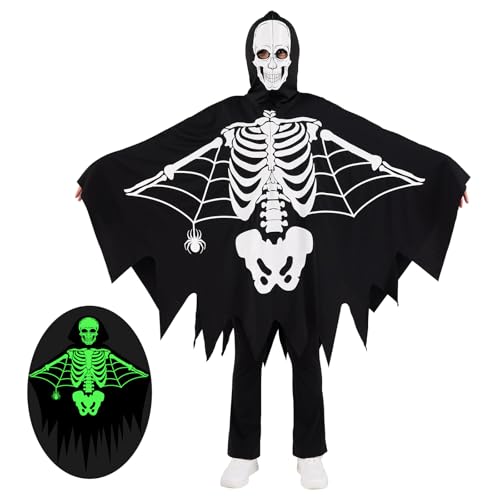 ESHOO Halloween-Skelettumhang für Kinder, Kleinkinder, im Dunkeln leuchtender Kapuzenumhang, Halloween-Flügel, Poncho, Umhang, Cosplay, Rollenspiele von ESHOO