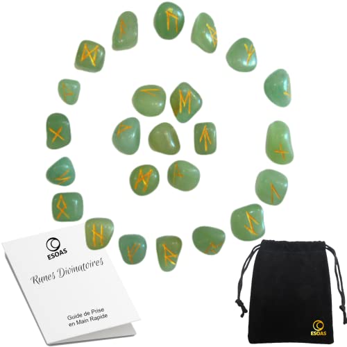 RUNES DIVINATOIRES Wikinger, grüne Jade, Set mit 25 polierten Halbedelsteinen, mit Beutel, ideal für Wahrsagen, Sehenswürdigkeiten und Magie. Alphabet Runen Futhark, Orakel der nordischen Mythologie von ESOAS