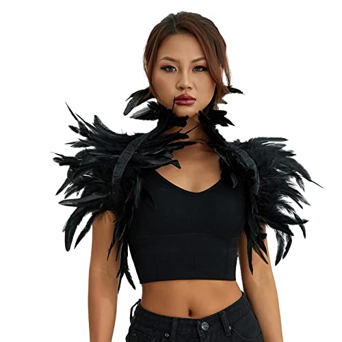 ESSECMBS Damen Natürliche Feder Umhang Kostüm Gothic Stil Achselzucken Umhang Vintage Stil Feder Armband für Halloween Weihnachten (Schwarz, Einheitsgröße) von ESSECMBS