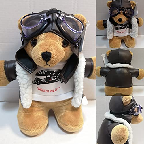 ESouvenirs Pilotbär aus Plüsch ca. 25x12x24cm, mit weißen Shirt Plüschbruchpilot, Pilot- Teddy -Schutzbrille- Mutze- Jacke,Kuscheltier braun mit Pilotenoutfit, 1 Stück von ESouvenirs