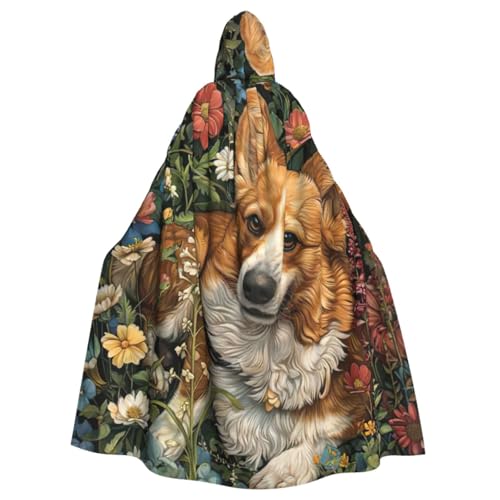 ETASUIOL Corgi Kapuzenumhang mit Blumenmuster, Frühlingsgarten-Druck, Halloween-Kapuzenumhang, Cosplay-Umhang, Hexenumhang, Kostüm von ETASUIOL