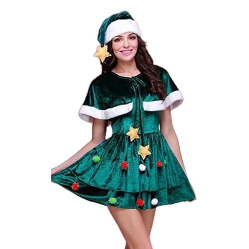 ETAWDE Weihnachtsbaum-Kostüm-Zubehör mit Weihnachtskleid, Weihnachtsmütze und Schal, für Damen, Weihnachtsbaum-Outfits von ETAWDE