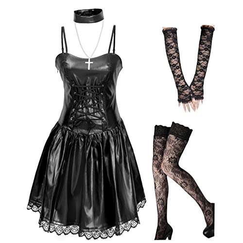 Misa Amane Cosplay Kunstleder Gothic Kleid Outfit Kostüm Anime Frauen Halloween Kleidung Anzüge, Schwarz, M von ETERNALMARK