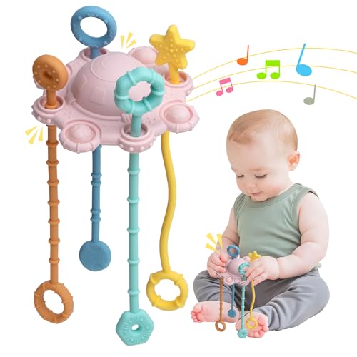 ETETOO Montessori Spielzeug - Sensorik Spielzeug für Kleinkinder, Pull String Spielzeug, Reisespielzeug für Babys, mit eingebauter Rasselfunktion und leicht zu reinigendem Design (Rosa) von ETETOO