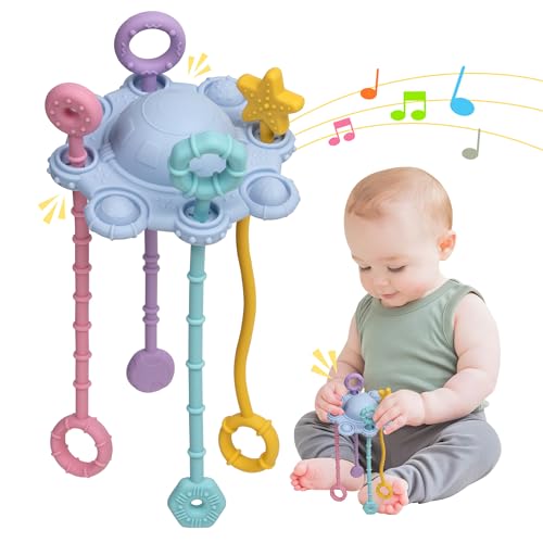 ETETOO Montessori Spielzeug - Sensorik Spielzeug für Kleinkinder, Pull String Spielzeug, Reisespielzeug für Babys, mit eingebauter Rasselfunktion und leicht zu reinigendem Design (Blau) von ETETOO