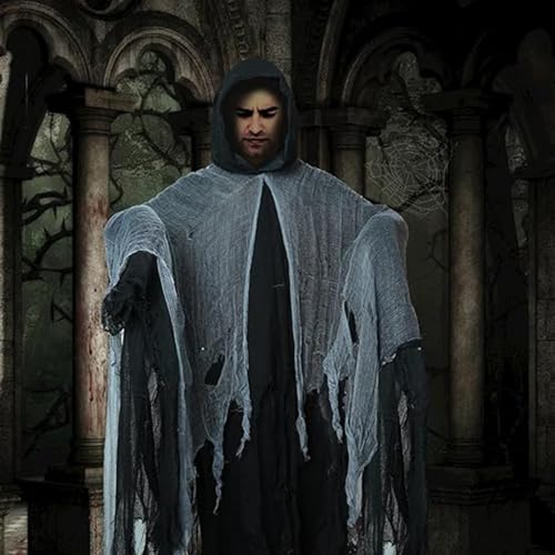 ETUCYNG 190Cm Unisex Gruselumhang Umhänge, Halloween-Umhang Mit Kapuzeim Weiße Mesh-Design, Gruseliges Cape Mit Kapuze, Schwarzer Halloween-Umhang Aus Leinenstoff von ETUCYNG