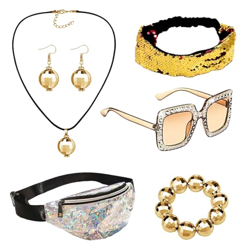 ETUCYNG 70er Jahre Disco-Stirnband, Discokugel-Armband, Ohrringe, Hüfttasche, 70er-Jahre Disco-Stirnband, Discokugel-Armband, Ohrringe, Hüfttasche für Mädchen, Discokugel-Ohrringe, Halskette ETUCYNG 70er Jahre Disco-Stirnband, Discokugel-Armband, Ohrringe, Hüfttasche, 70er-Jahre Disco-Stirnband, Discokugel-Armband, Ohrringe, Hüfttasche für Mädchen, Discokugel-Ohrringe, Halskette von ETUCYNG