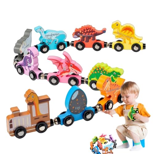 ETUCYNG Dinosaurier-Spielzeug, Holzeisenbahn-Set - Buntes Zug-Sensorspielzeug - Buntes magnetisches Lernbauset, Vorschul-Lernspielzeug mit Zahlenzug für Jungen und Mädchen von ETUCYNG
