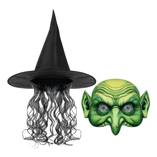 ETUCYNG Hexenhut-Kostüm für Damen, schwarzer Hexen-Perückenhut,Halloween Cosplay Gesichtsbedeckungsset - Hexen-Rollenspiel- -Gesichtsmaskerade-Halloween-Hexenkostüm-Set für Männer von ETUCYNG