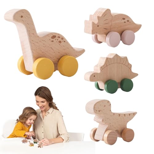 ETUCYNG Kinder schieben Dinosaurier-Autospielzeug,Kinder schieben Auto-Holzspielzeug, Push & Pull Kinderspielzeug Dinosaurier-Tierauto für Kleinkinder, Holzspielzeugfahrzeuge, sensorisches Greif- von ETUCYNG