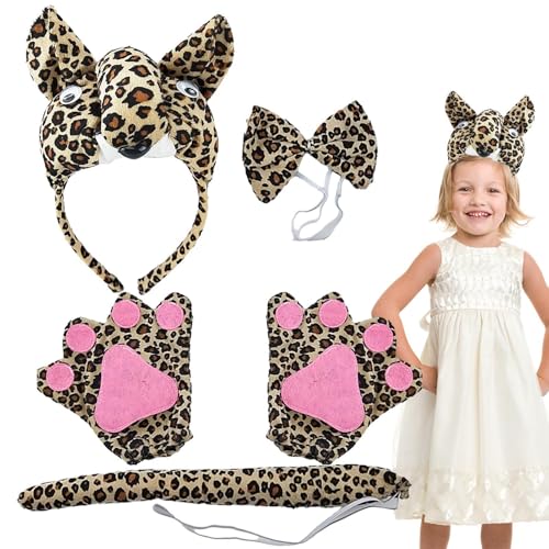 ETUCYNG Leoparden-Stirnband und Schwanz, Leoparden-Kostüm-Set | 5-teiliges Halloween-Tierkostüm-Set,Inklusive Leopardenohren-Stirnband, Schwanz, Handschuhen und Fliege, Cosplay-Anziehparty für von ETUCYNG