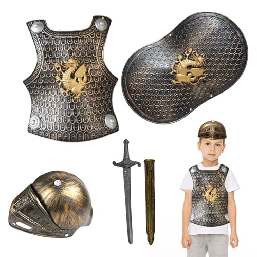 ETUCYNG Ritter Kostüm Kinder, Ritter Set Dress Up Ritter, Ritter Set Für Kinder, Royal Dress Up Für Ju-ngen, Mittelalterliches Schild Und Helm Spielset, Enthält Mit Beweglichen Armen von ETUCYNG