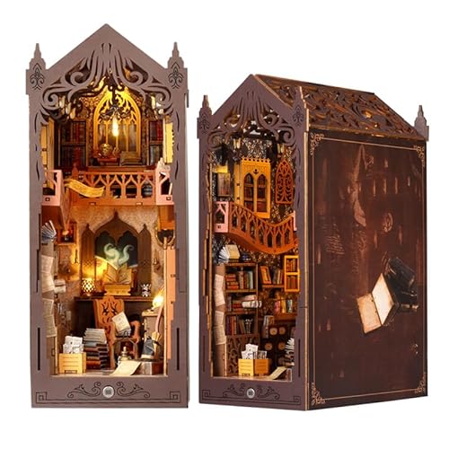 Book Nook Buchhandlung Kit, DIY Holz Haus Bausatz Buch Ecke Miniatur für Erwachsene Teens, 3D Holzpuzzle Bücherecke Bücherregalein Satz mit Sensor LED Licht von EUBSWA