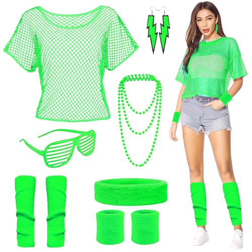 EUBSWA 80er 90er Jahre Outfits für Damen, Netzoberteil 80er Jahre Kleidung Accessoires, 80er Bad Taste Frauen Neon Party, Grün von EUBSWA