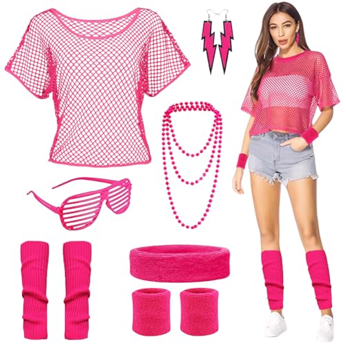 EUBSWA 80er 90er Jahre Outfits für Damen, Netzoberteil 80er Jahre Kleidung Accessoires, 80er Bad Taste Frauen Neon Party, Rosa von EUBSWA